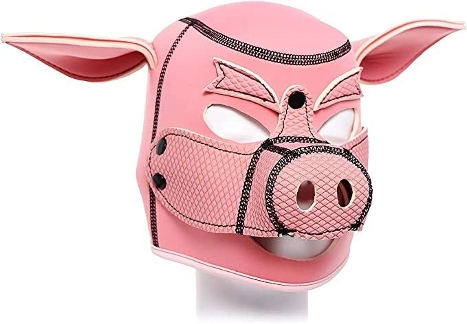 Piggy Neoprene Soft Foam Rubber Pig Hood Rubber Fetish Full Head Bondage Pet Play Mask Oink Pink or Black