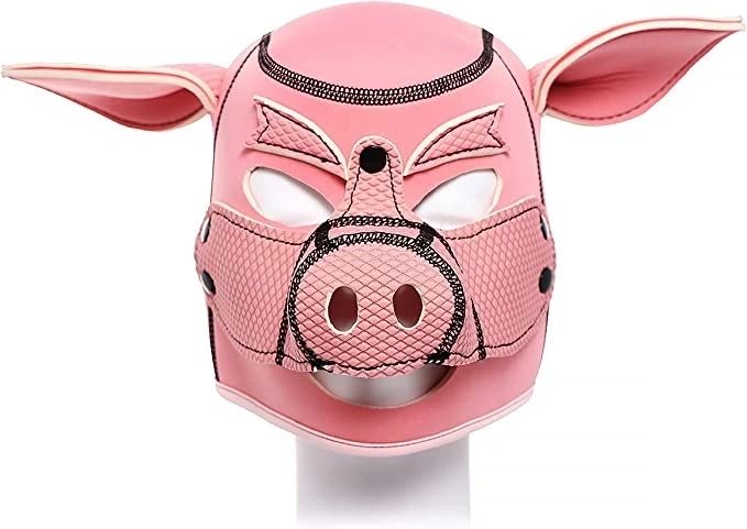 Piggy Neoprene Soft Foam Rubber Pig Hood Rubber Fetish Full Head Bondage Pet Play Mask Oink Pink or Black