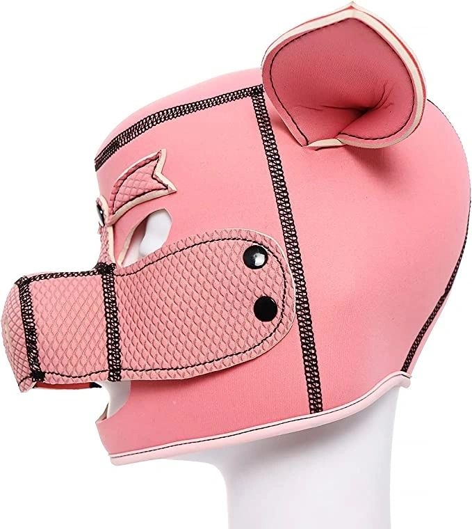 Piggy Neoprene Soft Foam Rubber Pig Hood Rubber Fetish Full Head Bondage Pet Play Mask Oink Pink or Black