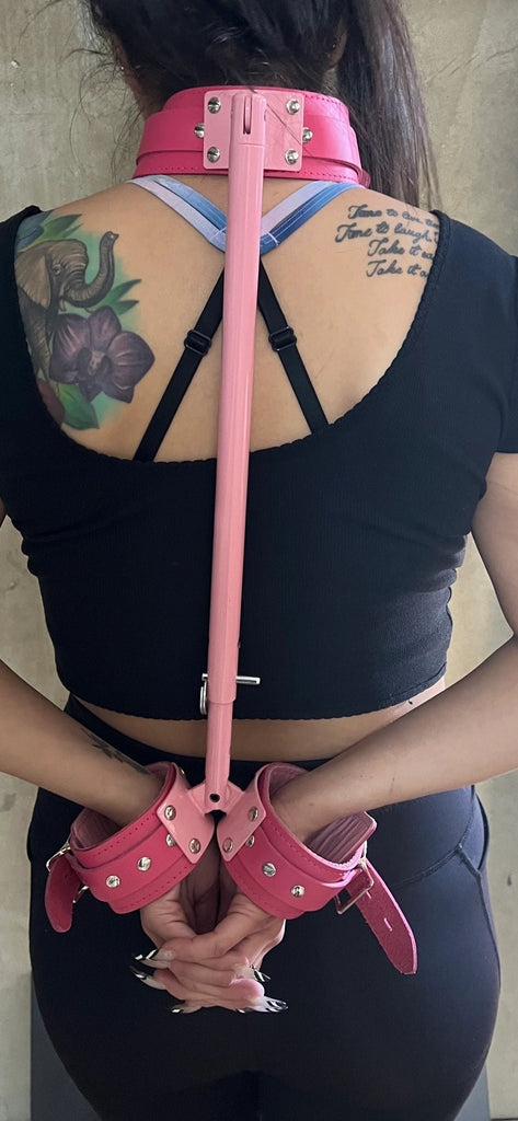 Pretty in Pink Posture Bondage Spreader Bar Restraint with Leather Restraints
