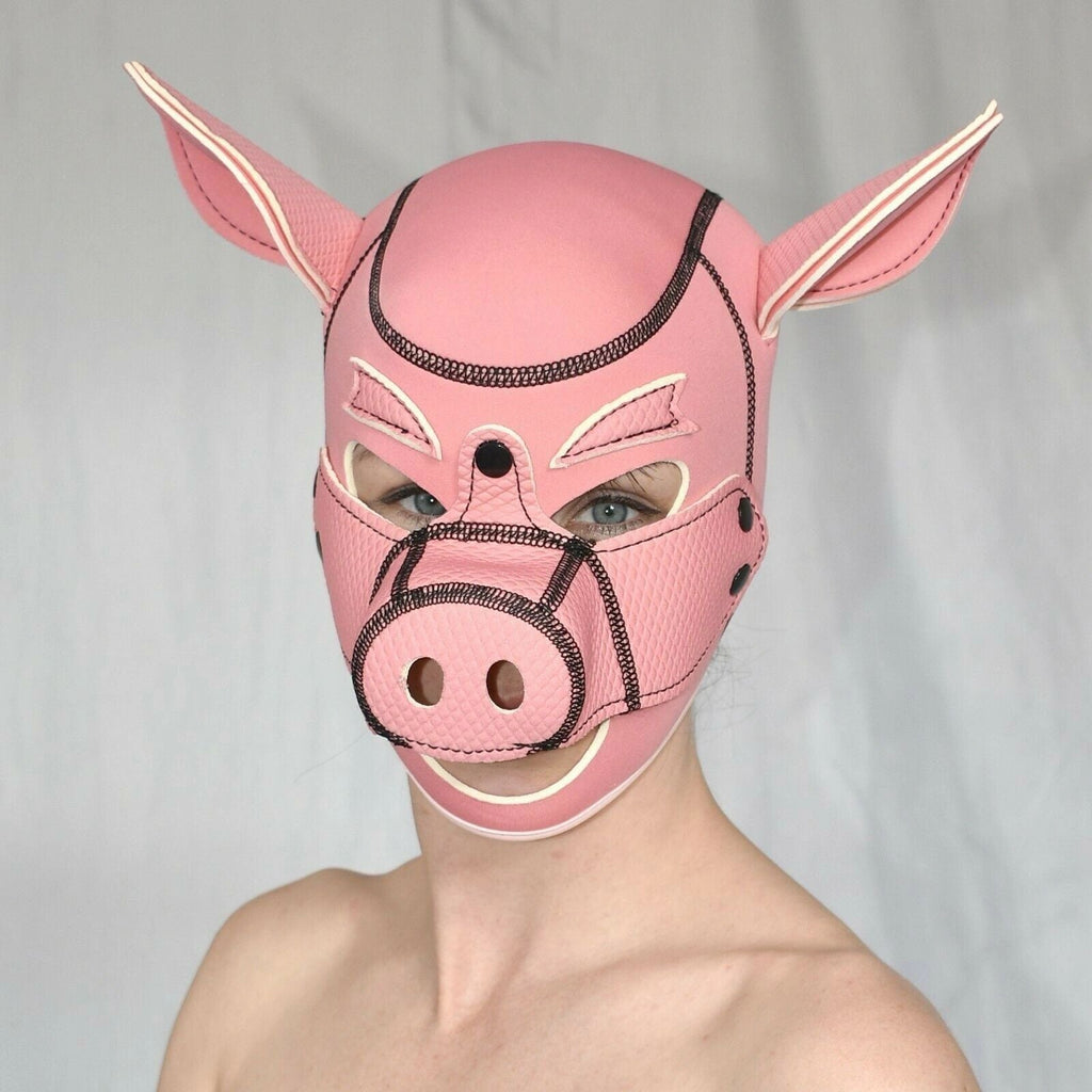 Piggy Neoprene Soft Foam Rubber Pig Hood Rubber Fetish Full Head Bondage Pet Play Mask Oink Pink or Black