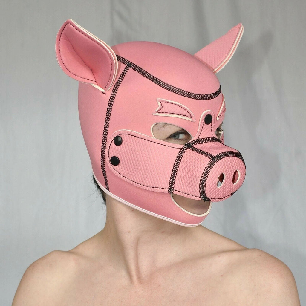 Piggy Neoprene Soft Foam Rubber Pig Hood Rubber Fetish Full Head Bondage Pet Play Mask Oink Pink or Black