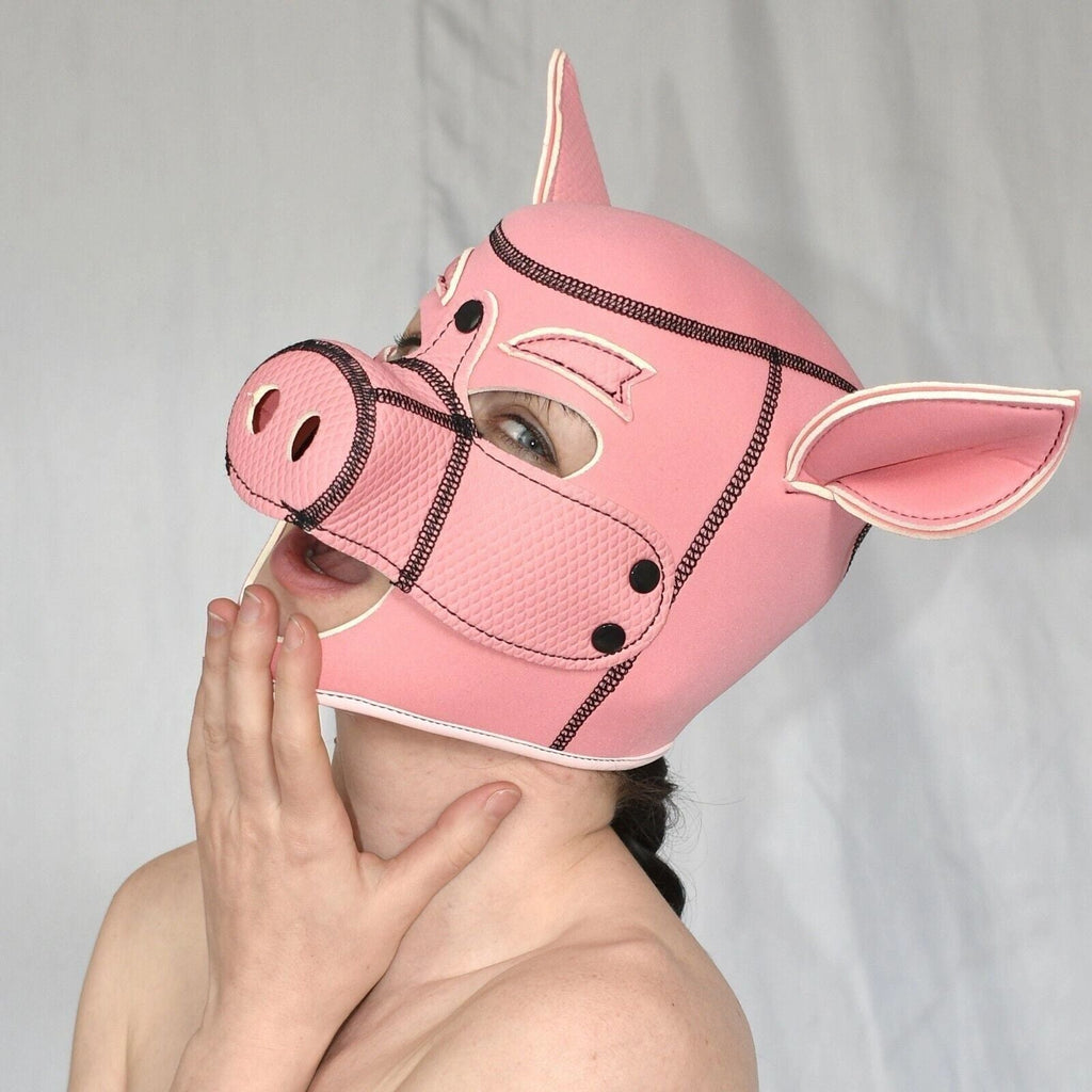 Piggy Neoprene Soft Foam Rubber Pig Hood Rubber Fetish Full Head Bondage Pet Play Mask Oink Pink or Black