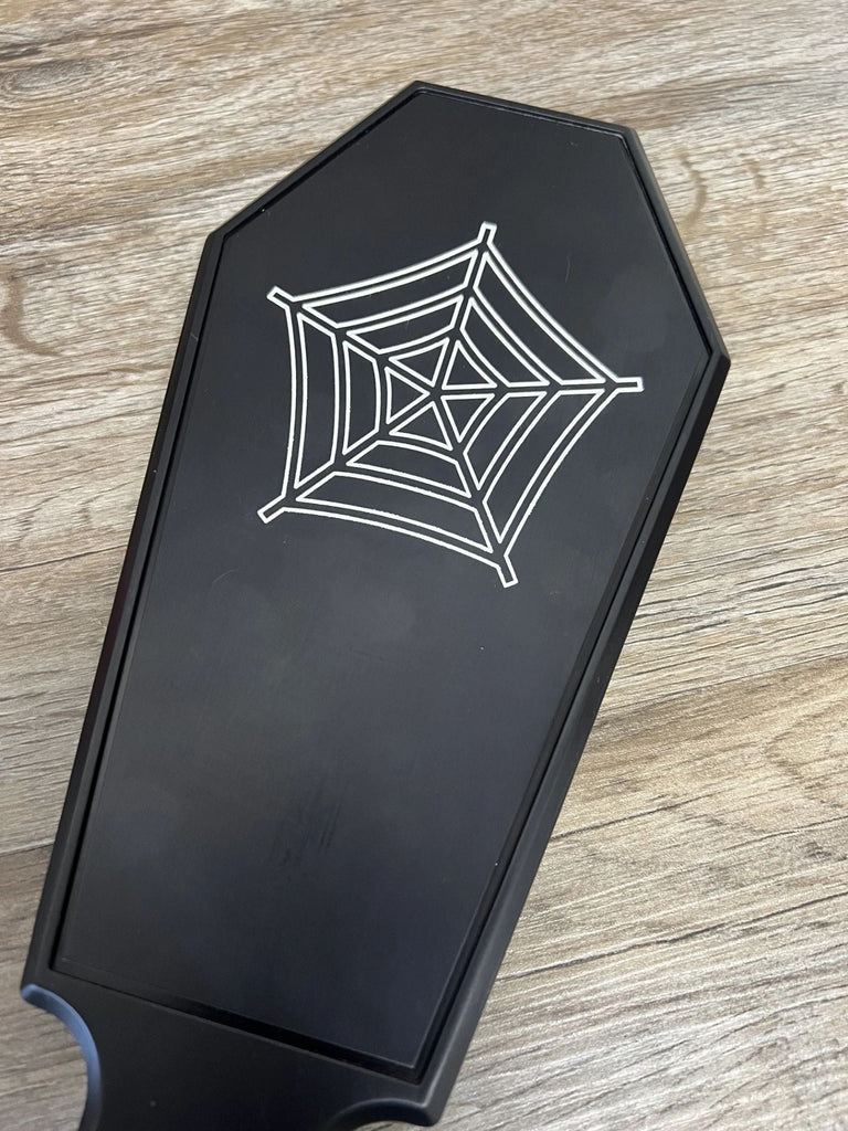 Spider Web Vlad's Revenge Coffin Shaped Black Anodized Aluminum Solid Metal Spanking Paddle
